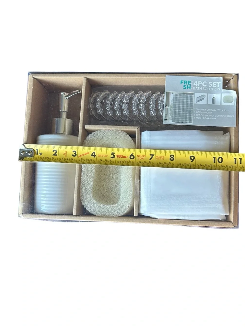 Bathroom Accessory Set 4 Piece White Lotion Pump, Mesh Soap Dish Curtain & Hooks
